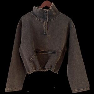 Zenana Button up Mock Neck scrunch Waist Sweatshirt